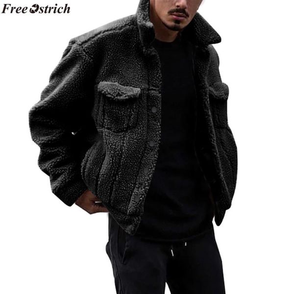 

ostrich men jacket 2020 mens new fashion casual lamb cashmere loose button long sleeve keep warm coat,windproof jacket, Black;brown