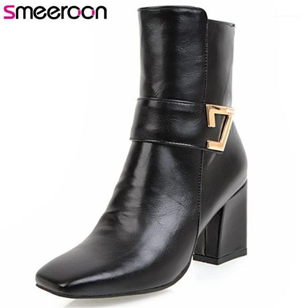 

boots smeeroon 2021 arrival zip square toe women high heels ankle for autumn winter big size 32-431, Black