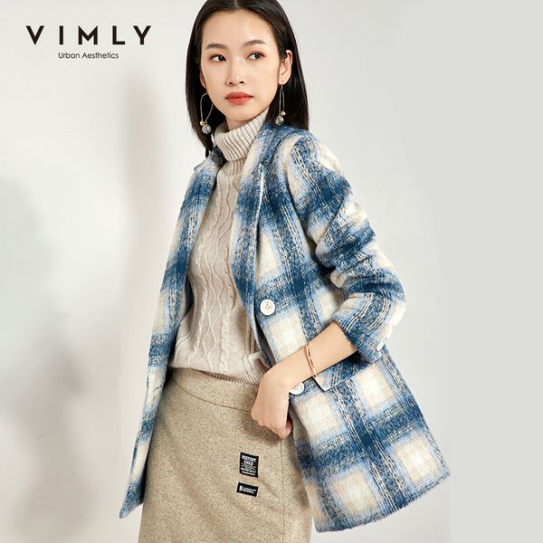 

vimly women plaid wool coat vintage autumn winter turn down collar double breasted loose warm female jacket thick overcoat 30107 lj201106, Black
