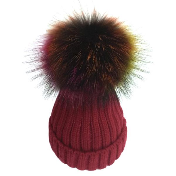 

beanie/skull caps colorful real raccoon fur pompons hat fashion women's winter warm beanies knitted thick poms gorro for lady girls bon, Blue;gray