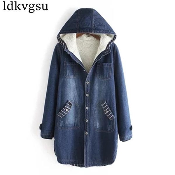 

2020 autumn winter denim jacket women warm hooded jeans coat plus size 4xl casual female long denim windbreaker outerwear a455x1016, Black;brown