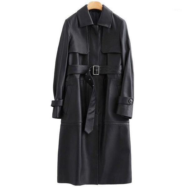 

black long leather trench coat women with belt turn down collar spring faux leather coat clothes for women1