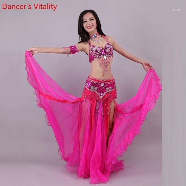 

handmade beaded embroidery bra skirt belly dance costume for women oriental dress for dance set custom made, Black;red