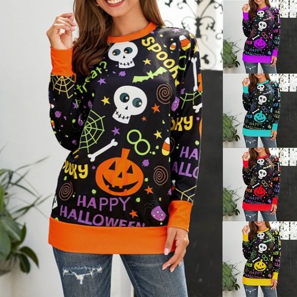 

5 color new halloween pumpkin letters skull printed sweater crew neck long sleeve sweatshirt casual for women, Black