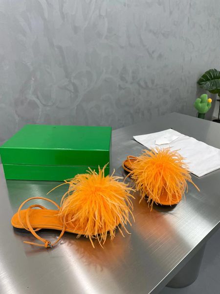 

2022 summer ostrich feather shuttlecock flat sandals real leather shoes with clear logo and seven colors of orange handbag size35-41, Black