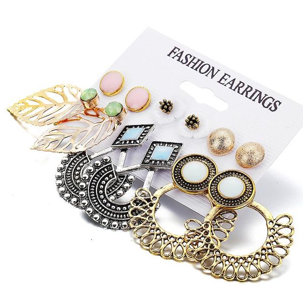 

stud bohemian vintage earrings set mixed for women color leaf flower stone statement hang brincos jewelry, Golden;silver