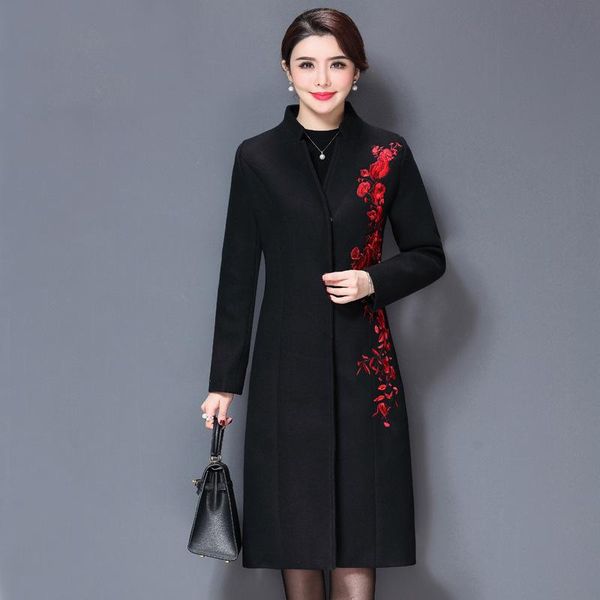 

women's wool & blends embroidery winter fashion coats elegant blend coat and jacket black femenino