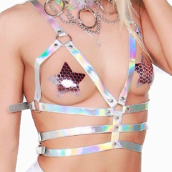

gothic handmade laser pvc women holographic hollow bondaged crop link chain waist belt rave festival outfits, Black;brown