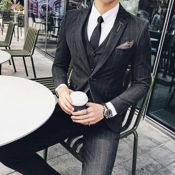 

men's slim fit striped 3-pieces suit shawl lapel one button blazer with vested set groom tuxedos costume 3 pieces homme1, White;black
