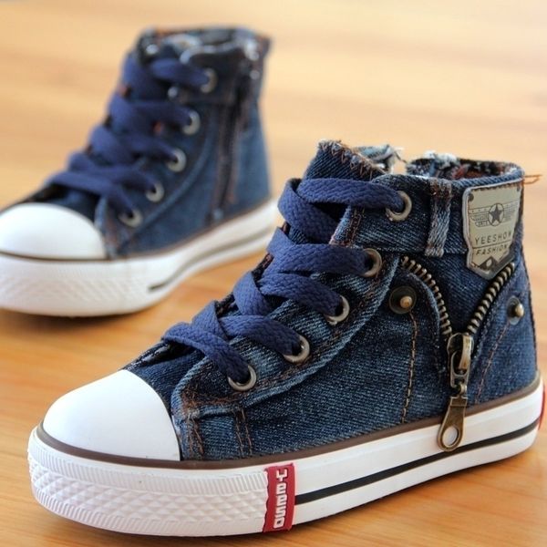 

14 kinds new arrived size 25-37 children shoes kids canvas sneakers boys jeans flats girls boots denim side zipper shoes y200103, Black;red