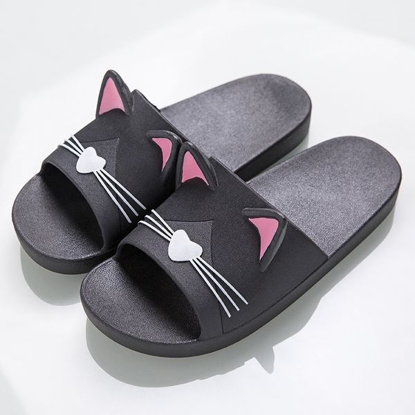 

summer women slippers cute cartoon cat indoor bathroom slipper couples slides designer flip flops soft flat women shoes y200624, Black