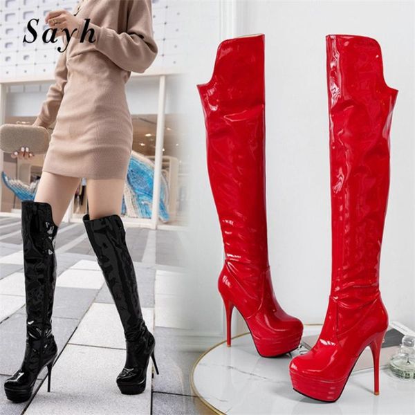 

winter women over the knee high boots stripper platform zipper patent leather runway boots shoes big size, Black