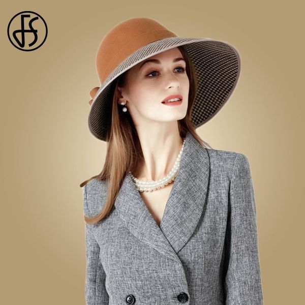 

fs large wide brim hats felt women wool fedora vintage bow houndstooth cloche hat fedora lady winter autumn caps t200508, Blue;gray