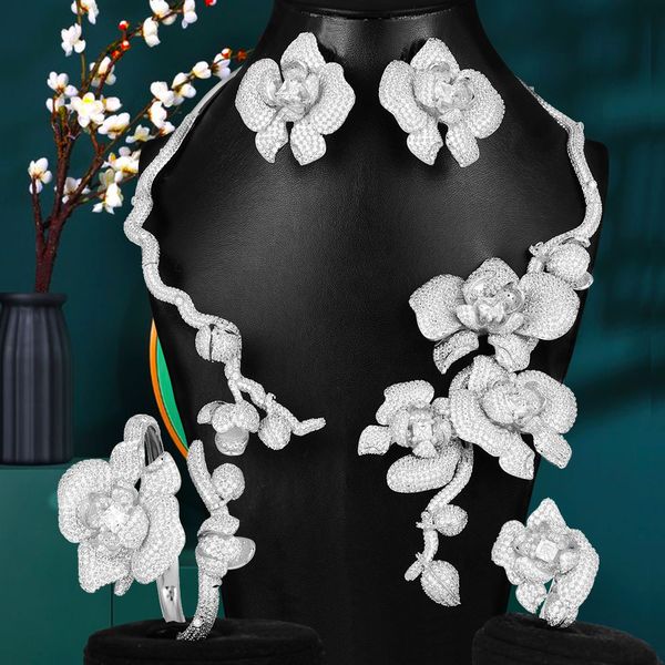 

godki big fashion 4pcs luxury flower african jewelry set for women wedding party cubic zirconia dubai bridal jewelry 2020, Silver