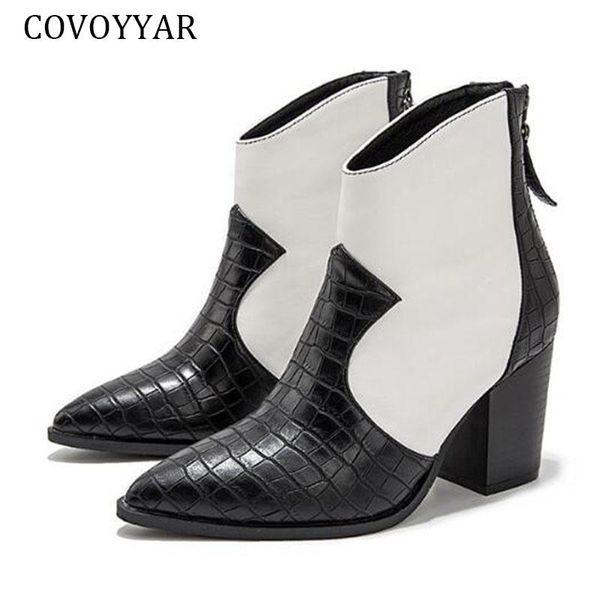 

covoyyar 2020 узор змеиный узор женские ботинки толстые высокие каблуки повседневные туфли женщины элегантные заостренные носки мода ботильо, Black
