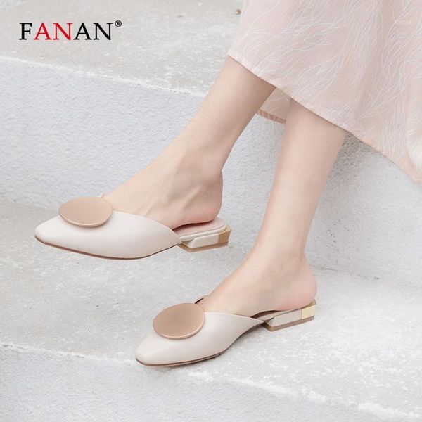 

fanan women's slippers cow leather handmade women mules shoes outside summer flat shoes slip on pointed toe white woman slides1, Black