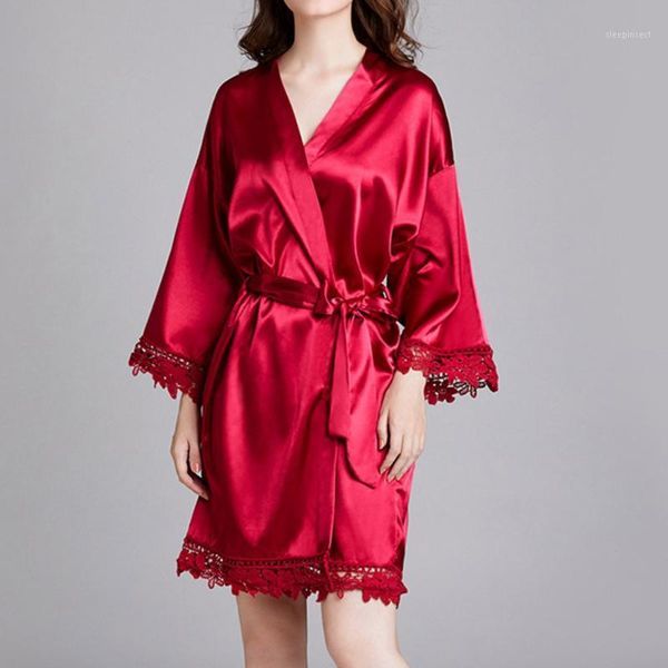 

bath robe for women kimono robe simulation silk solid long sleeve high waist sleepwear with belt sexy1, Black;red