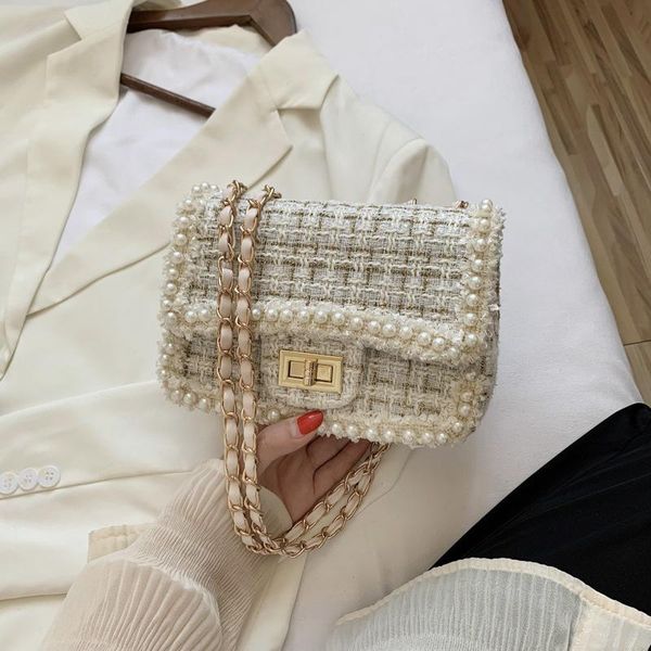 

fashion new 2020 female square tote bag quality woolen pearl women's designer handbag ladies chain shoulder crossbody bag purses