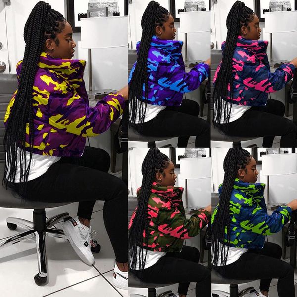 

winter women camouflage bubble coat camo parkas down jackets casual loose puffer jacket parka zipper stand collar outwear coat, Black