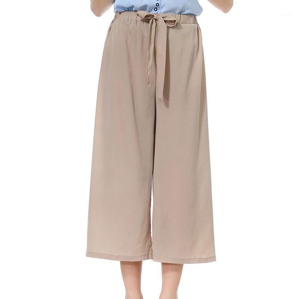 

women cropped pants casual looose solid color trousers wide leg mid waist stripe lace-up thin plus size pant1, Black;white