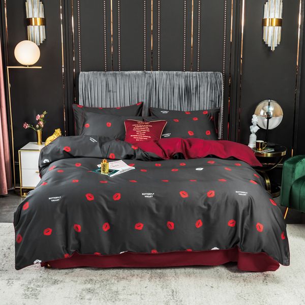 Queen King Twin Size 60S set di biancheria da letto in cotone egiziano morbido labbra rosse stampa copripiumino nero biancheria da letto lenzuolo con angoli federe T200706