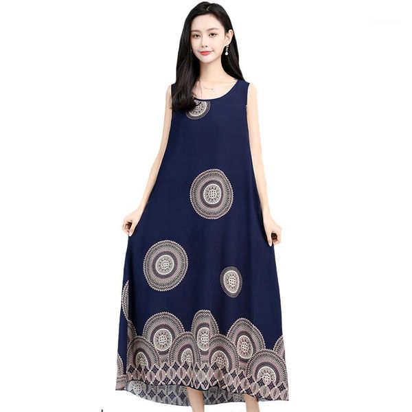 

big size xl-5xl summer long dress women casual loose print sleeveless dresses ankle-length women plus size dresses, Black;gray