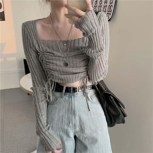 

women's sweaters design sense drawstring short square neck knitted bottoming shirt autumn tight gray long-sleeved sweater, White;black