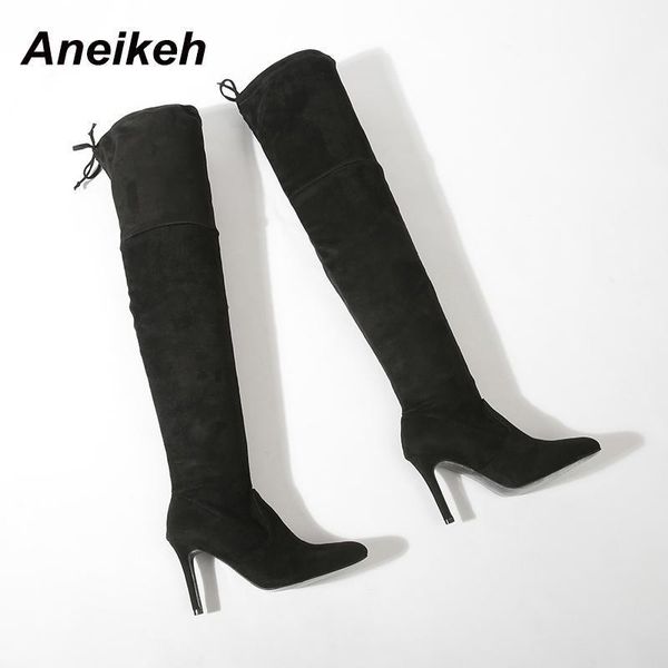 

aneikeh new winter fashion flock riding boots butterfly-knot concise dress over-the-knee thin heels pointed toe slip-on black1, Black