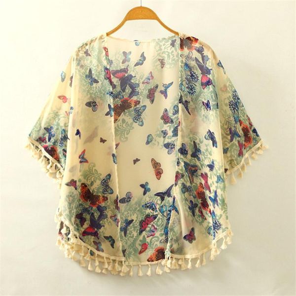 

artguy summer beach womens fashion butterfly print fringe trim floral pattern chiffon cape shawl 1, White
