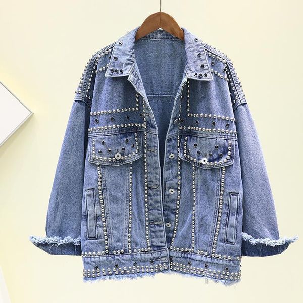 

women denim jacket 2020 new autumn hand rivet beading jeans jacket loose coats outwear female students casual outerwear p691, Black;brown