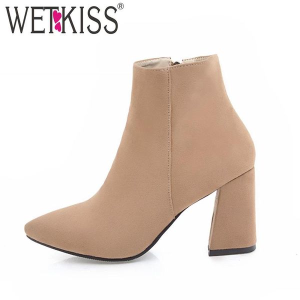 

wetkiss flock ankle women boots zipper warm pointed toe footwear thick heels lady shoes party fashion bootie big size 33-43, Black