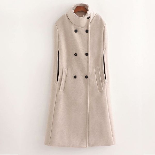 

2021 women new elegant neckline side buttons double breasted sleeveless cloak concise long coat chic m0ij, Black