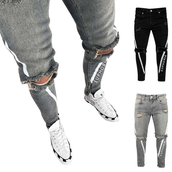 

разорванные джинсы 2020 hip hop stretch письмо printe strip джинсовые брюки мода streetwear для мужчин осень одежда мужчины повседневные брю, Blue