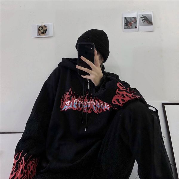 

februaryfrost autumn fashion cute flaming fire print hoodie woman streetwear black casual loose hip hop pullover hoodies fashion sweatshirts