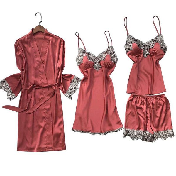 

women's sleepwear 4pcs set solid color lace ladies silk satin comfort loose soft poplin pajamas, Black;red