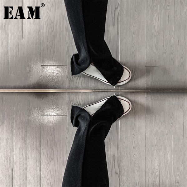 

[eam] high elastic waist black hem bent long wide leg trousers new loose fit pants women fashion tide spring autumn 2020 lj201103, Black;white