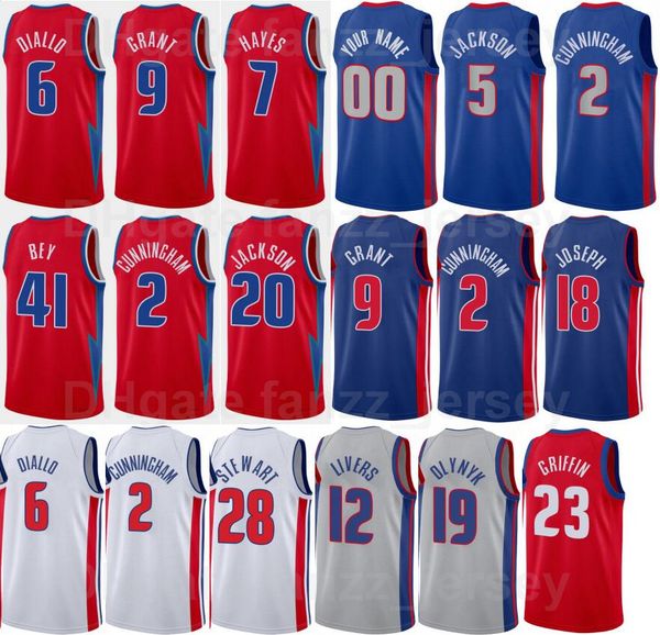 

basketball 75th anniversary printed cade cunningham jersey 2 jerami grant 9 killian hayes 7 saddiq bey 41 cory joseph 18 hamidou diallo 6 is, Black;red