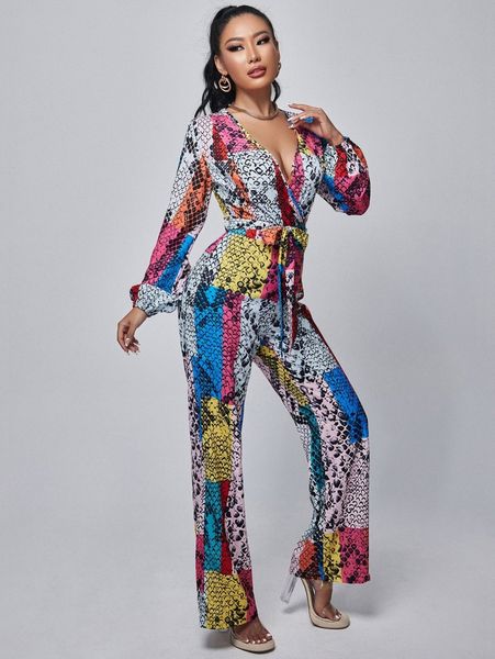 

sxy patchwork colorblock belted jumpsuit g0c7#, White