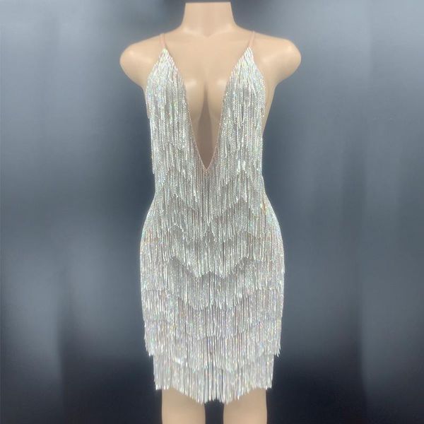 

stage wear crystals fringes see through mesh dress women birthday party celebrate stones bar nightclub dance costume, Black;red