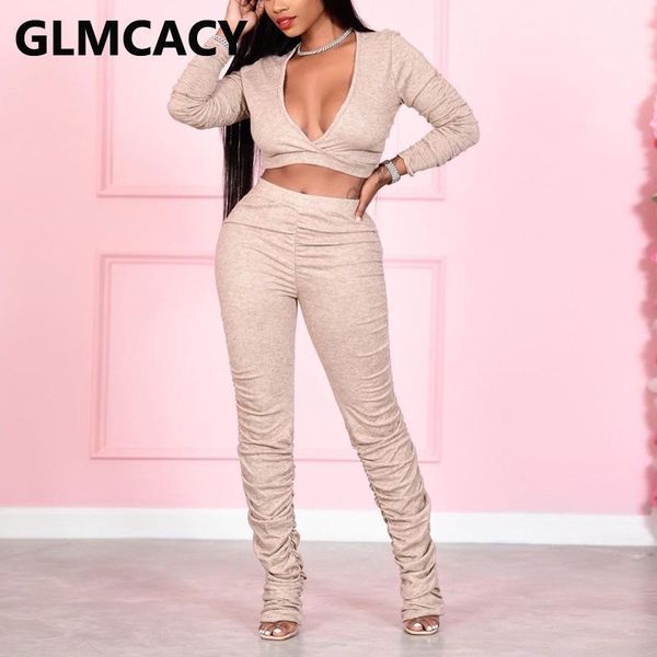 

women two piece solid suits v neck crop & slim ruched pants set1, Gray