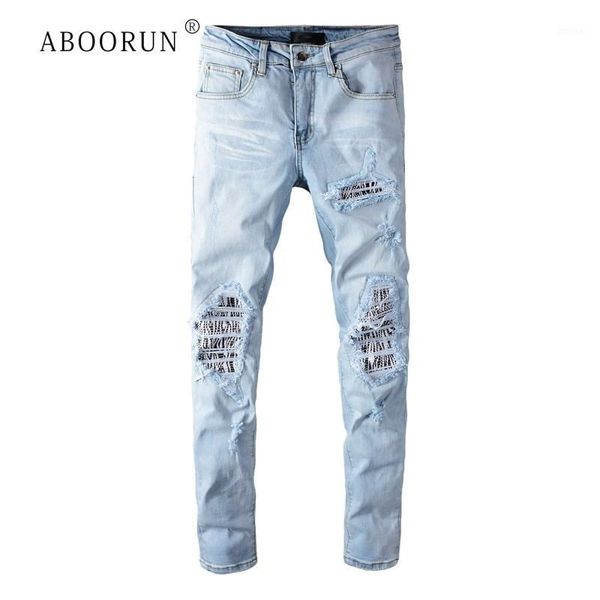 

aboorun men's skinny patchwork hole jeans broken ripped slim fit jeans stretch beggar denim pants1, Blue
