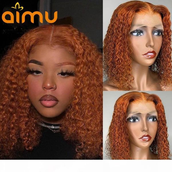 

4x4 closure lace front human hair wig baby hair pixie cut wig orange color ginger curly short bob for black women preplucked, Black;brown