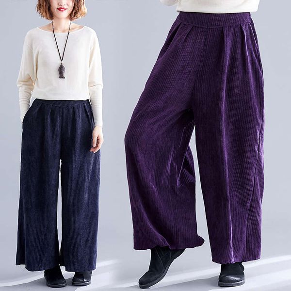 

new autumn loose large corduroy wide leg pants with elastic waist, Black;gray