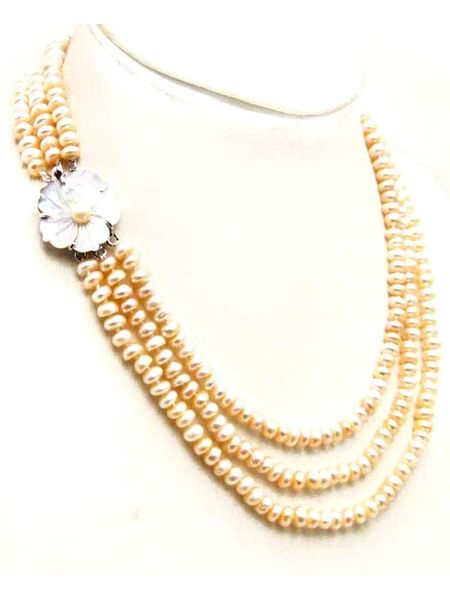 

chokers qingmos natural pink pearl necklace for women with genunie 6-7mm flat round 3 strands 17-18-19" jewelry, Golden;silver
