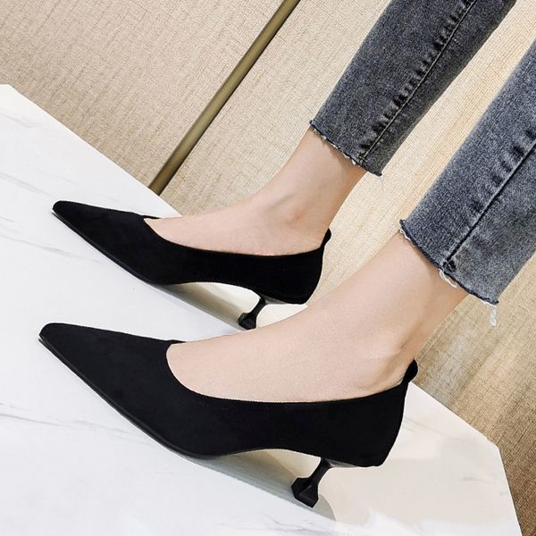 

red high heels women's 2020 new autumn slim heel 5cm student 18 year old versatile suede pointed single shoes