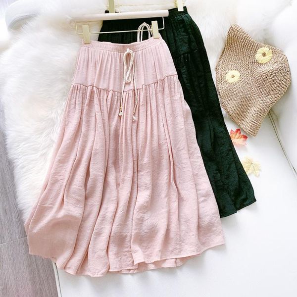 

skirts 2021 high waist a-line summer boho pure color cotton long skirt casual faldas jupe femme saia women pink, Black
