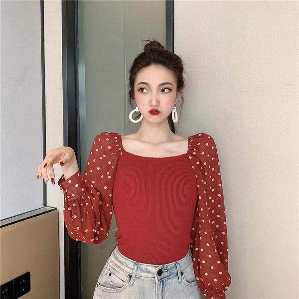 

2020 atumn winter women square collar cropped sweater pullover crop patchwork chiffon dot sleeve sweater for female1, White;black