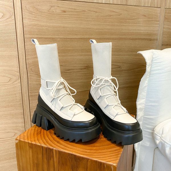 

2021 new platform fashion mid calf autumn winter cow leather knitting women shoes lace up antiskid short boots size34-39 kyde, Black