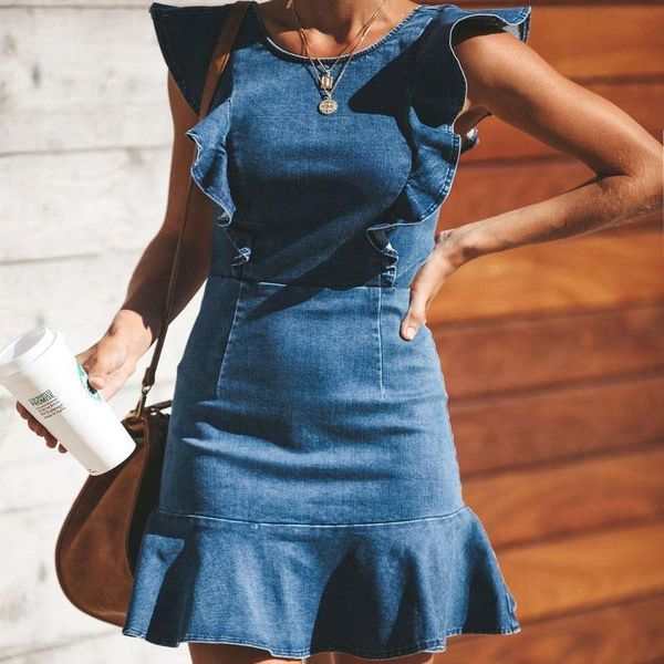 

2021 summer ruffle design stretch high waist denim dress blue short sleeved o neck party jeans bodycon mini dresses, Black;gray