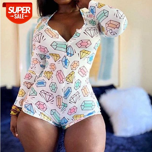 

new ladies long sleeve bodycon short jumpsuits nightwear summer women print one-piece pajamas home clothing #cv4u, Black;white